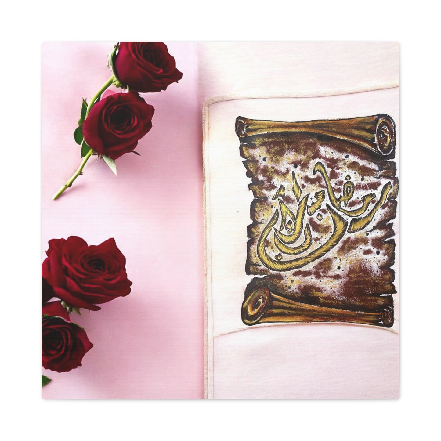 Arabic Calligraphy Canvas Wall Art — 'Bismillah' Scroll with Red Roses, Matte Stretched Canvas