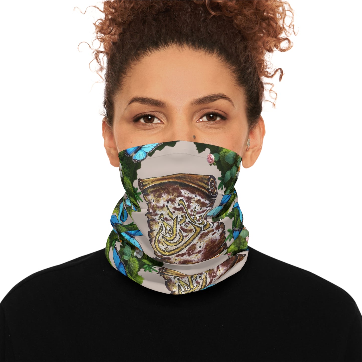 Neck Gaiter — Arabic Calligraphy Scroll with Blue Butterflies Floral Border