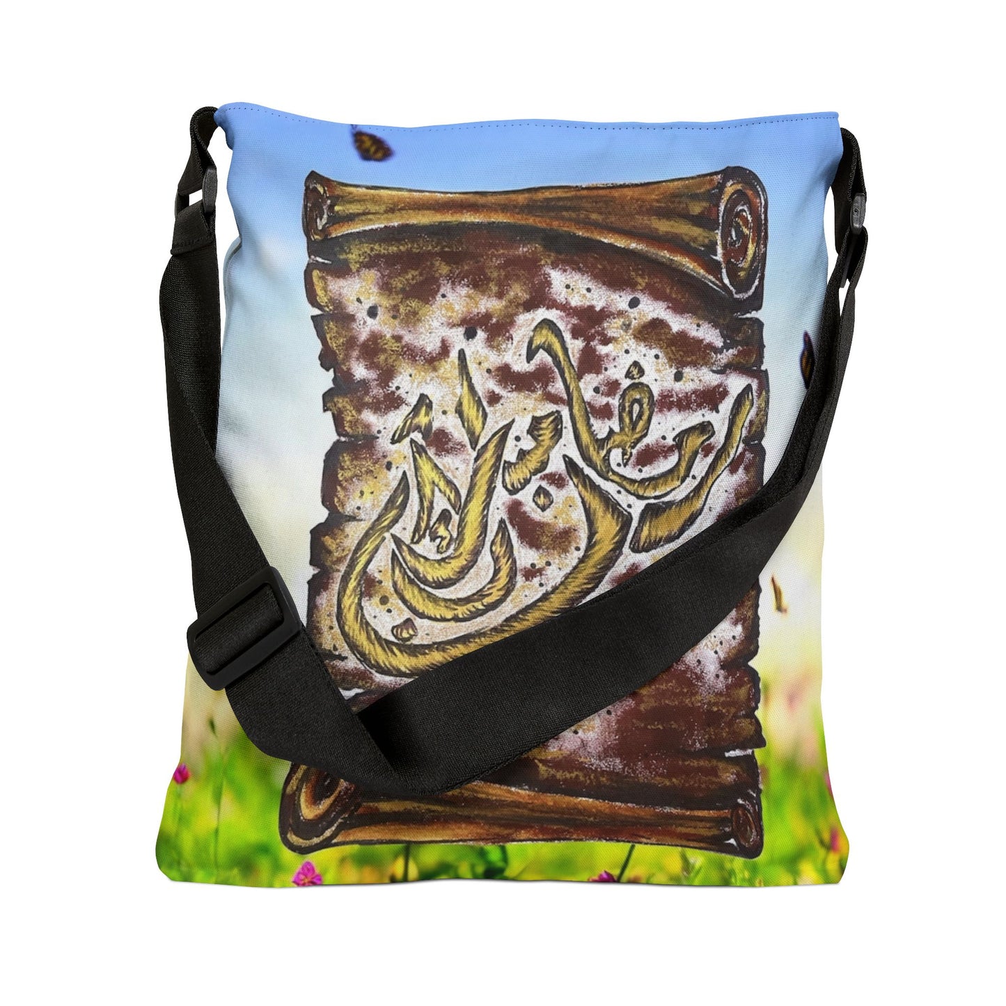 Arabic Calligraphy Scroll Tote Bag — Adjustable Shoulder Tote with Floral Meadow Design