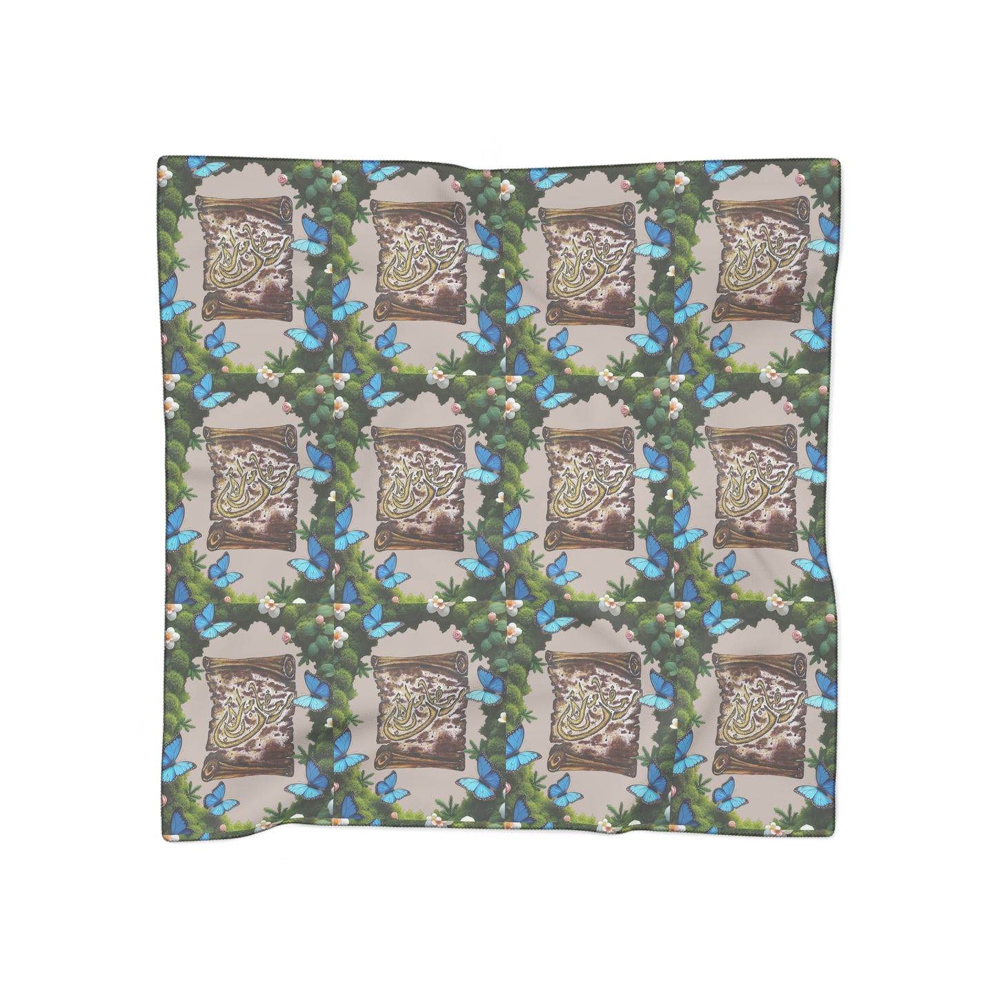 Silk-Feel Butterfly & Buddha Pattern Scarf – Botanical Boho Square Scarf