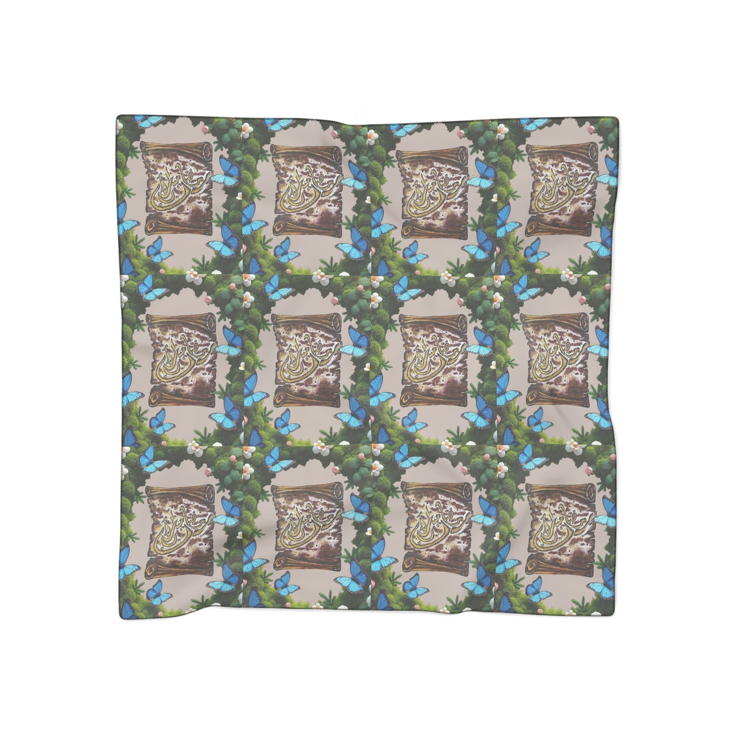 Silk-Feel Butterfly & Buddha Pattern Scarf – Botanical Boho Square Scarf