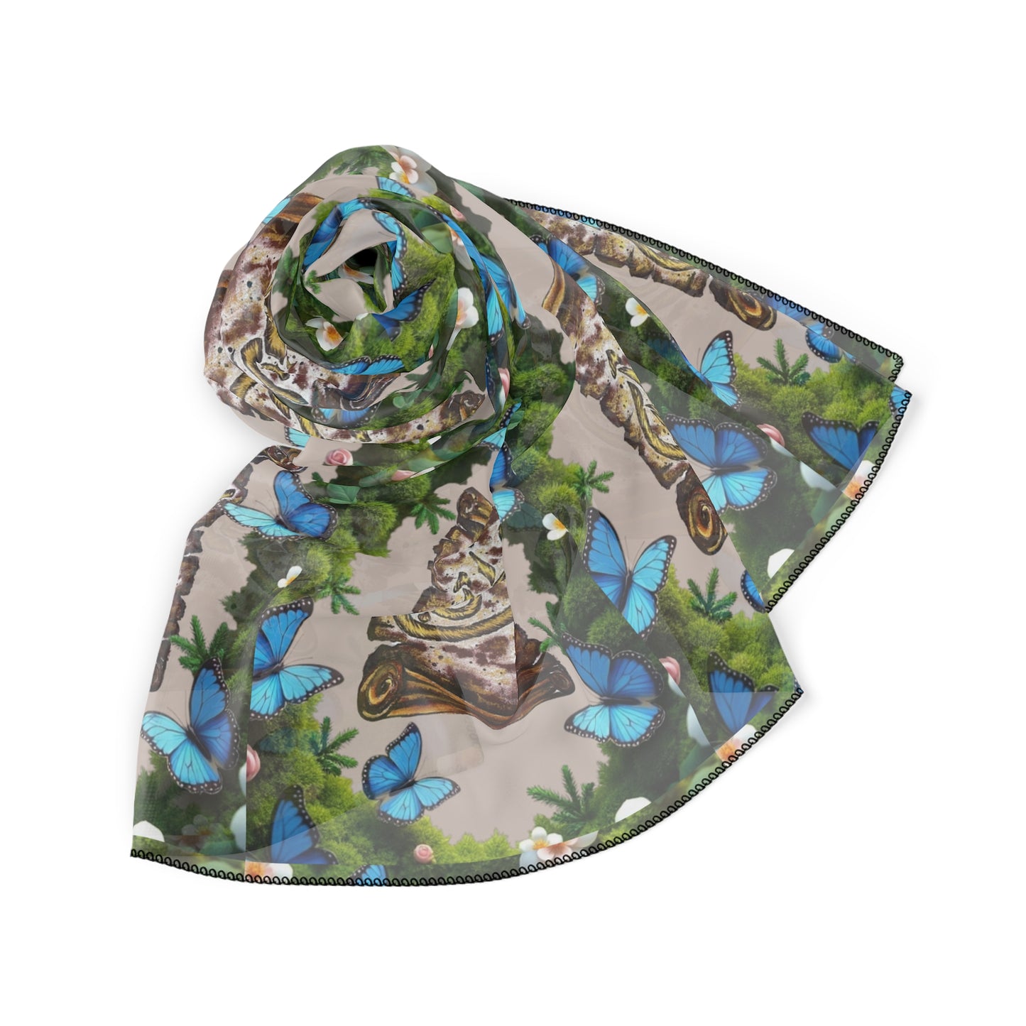 Silk-Feel Butterfly & Buddha Pattern Scarf – Botanical Boho Square Scarf