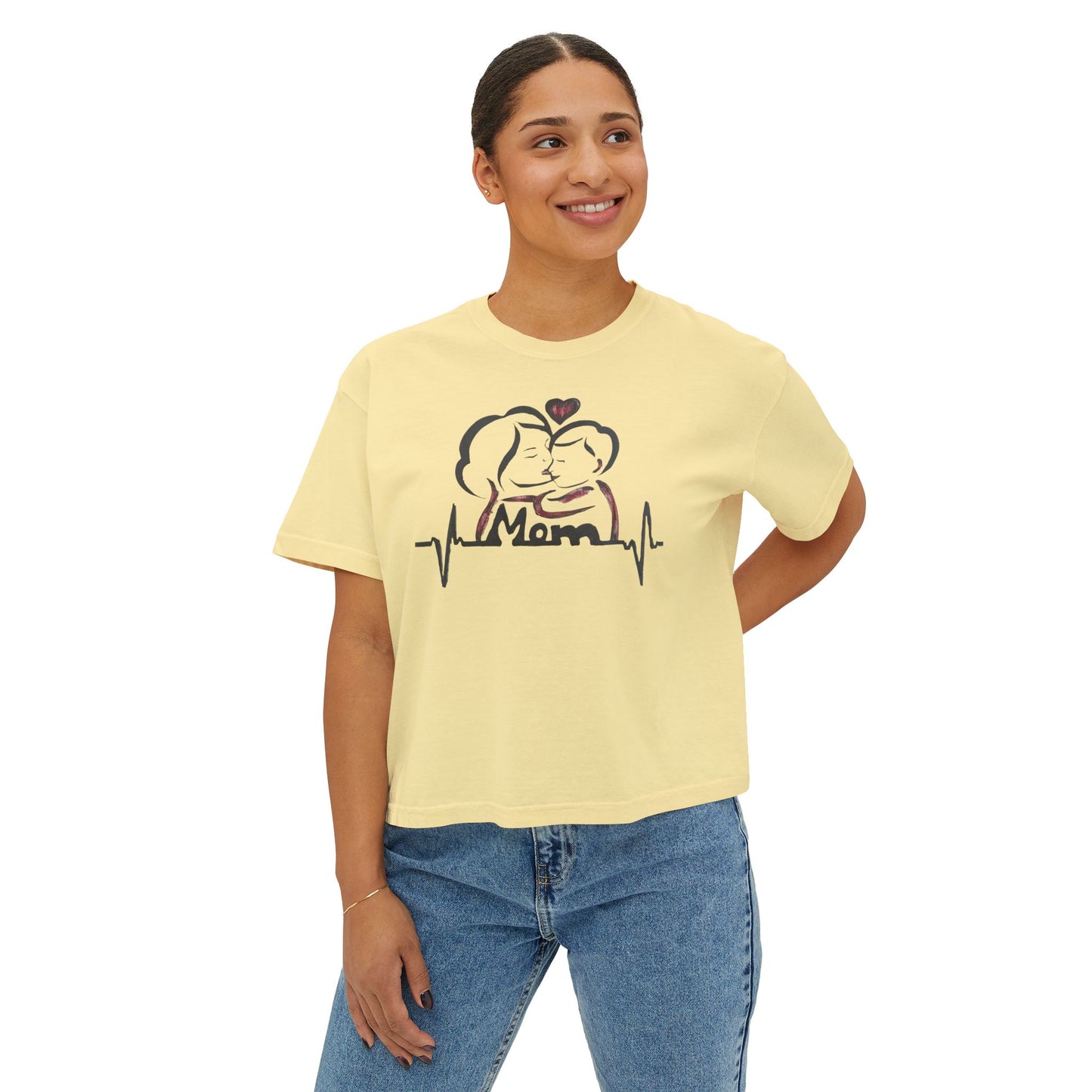 Mom Heartbeat Boxy Tee, Gift for Mom, Mother's Day Shirt, Family Love Tee, Cute Casual Wear, Heartbeat Graphic Top