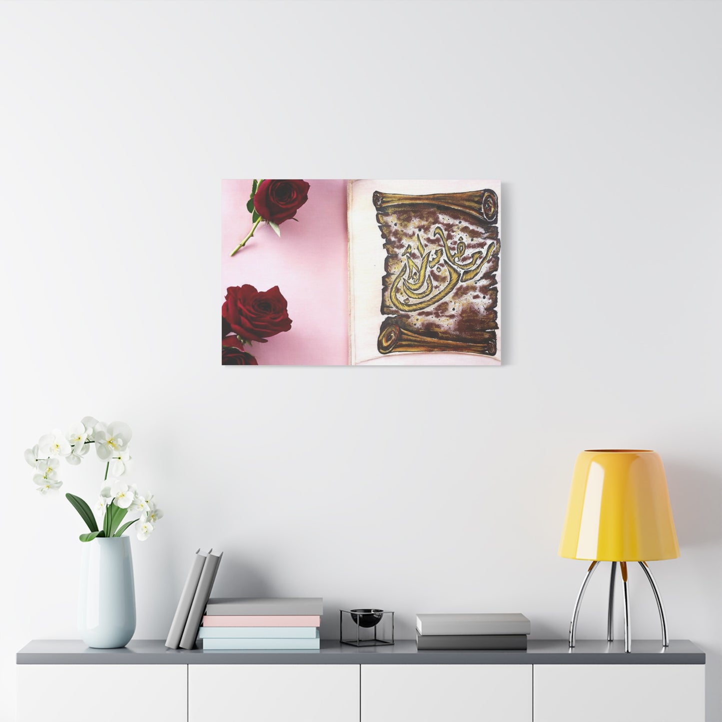Arabic Calligraphy Canvas Wall Art — 'Bismillah' Scroll with Red Roses, Matte Stretched Canvas