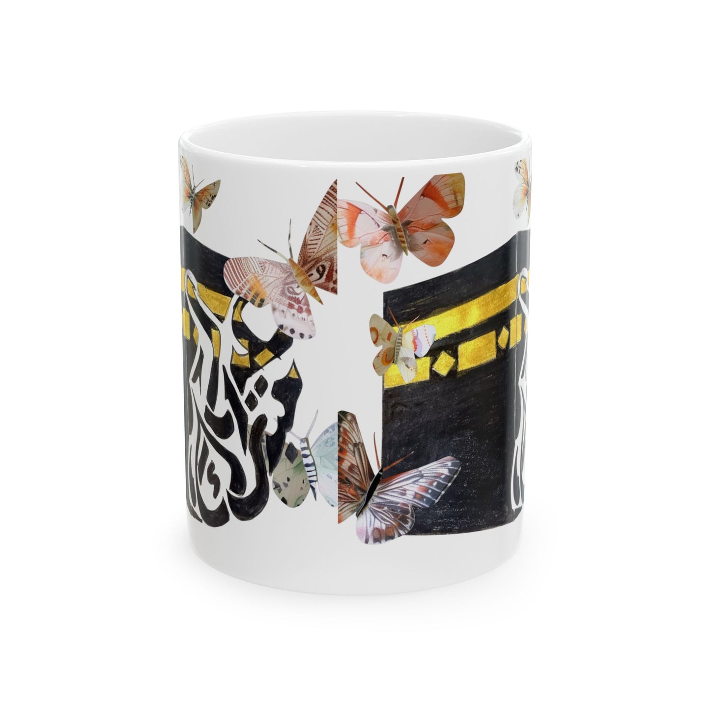 Kaaba & Arabic Calligraphy Butterfly Ceramic Mug — Islamic Faith Coffee Cup (11oz/15oz)
