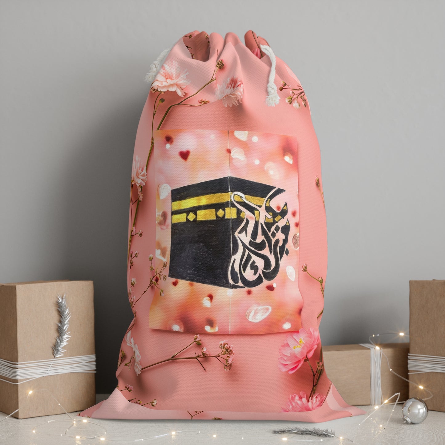 Prayer Kaaba Drawstring Bag — Floral Ramadan Hajj Gift Sack