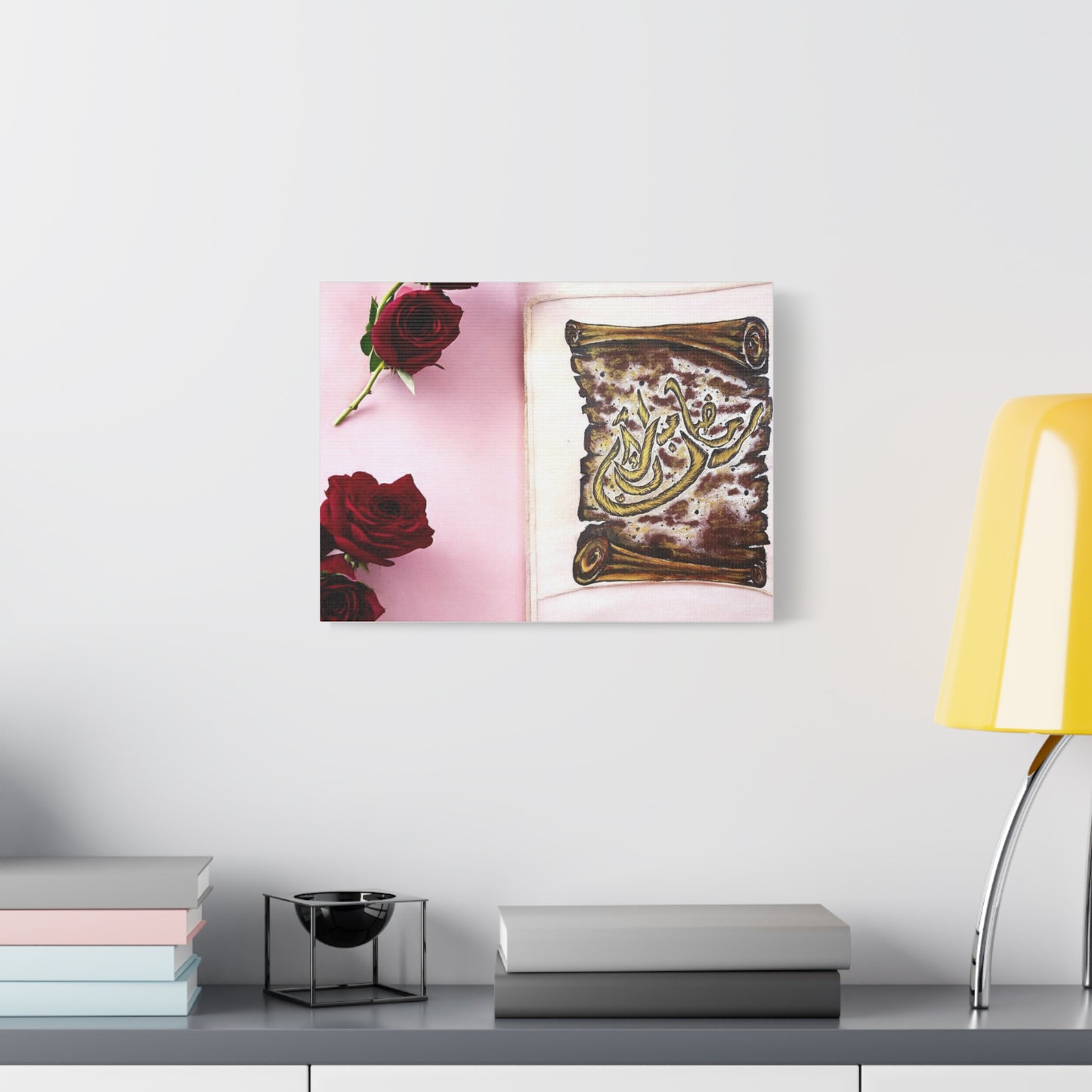 Arabic Calligraphy Canvas Wall Art — 'Bismillah' Scroll with Red Roses, Matte Stretched Canvas