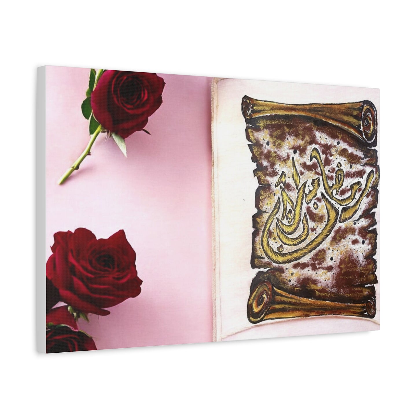 Arabic Calligraphy Canvas Wall Art — 'Bismillah' Scroll with Red Roses, Matte Stretched Canvas