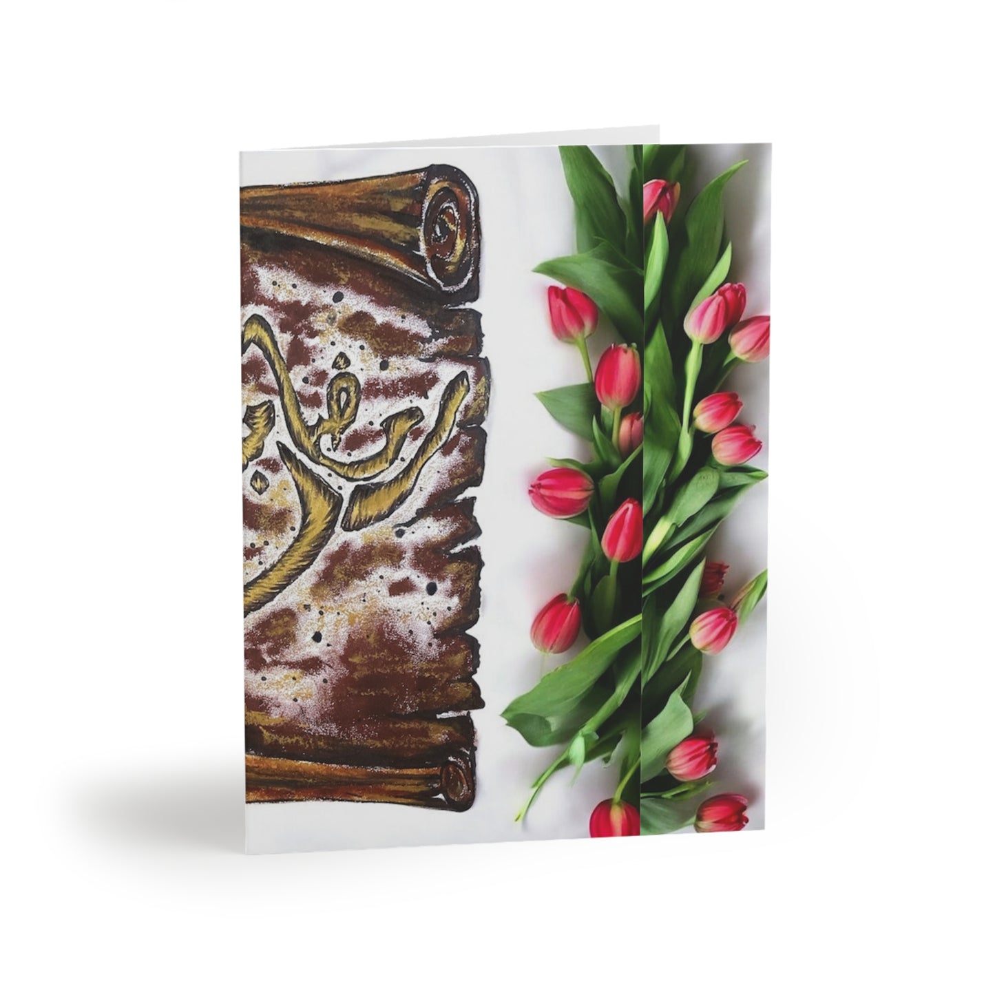 Floral Tulip & Scroll Arabic Calligraphy Greeting Cards — Pack of 8/16/24