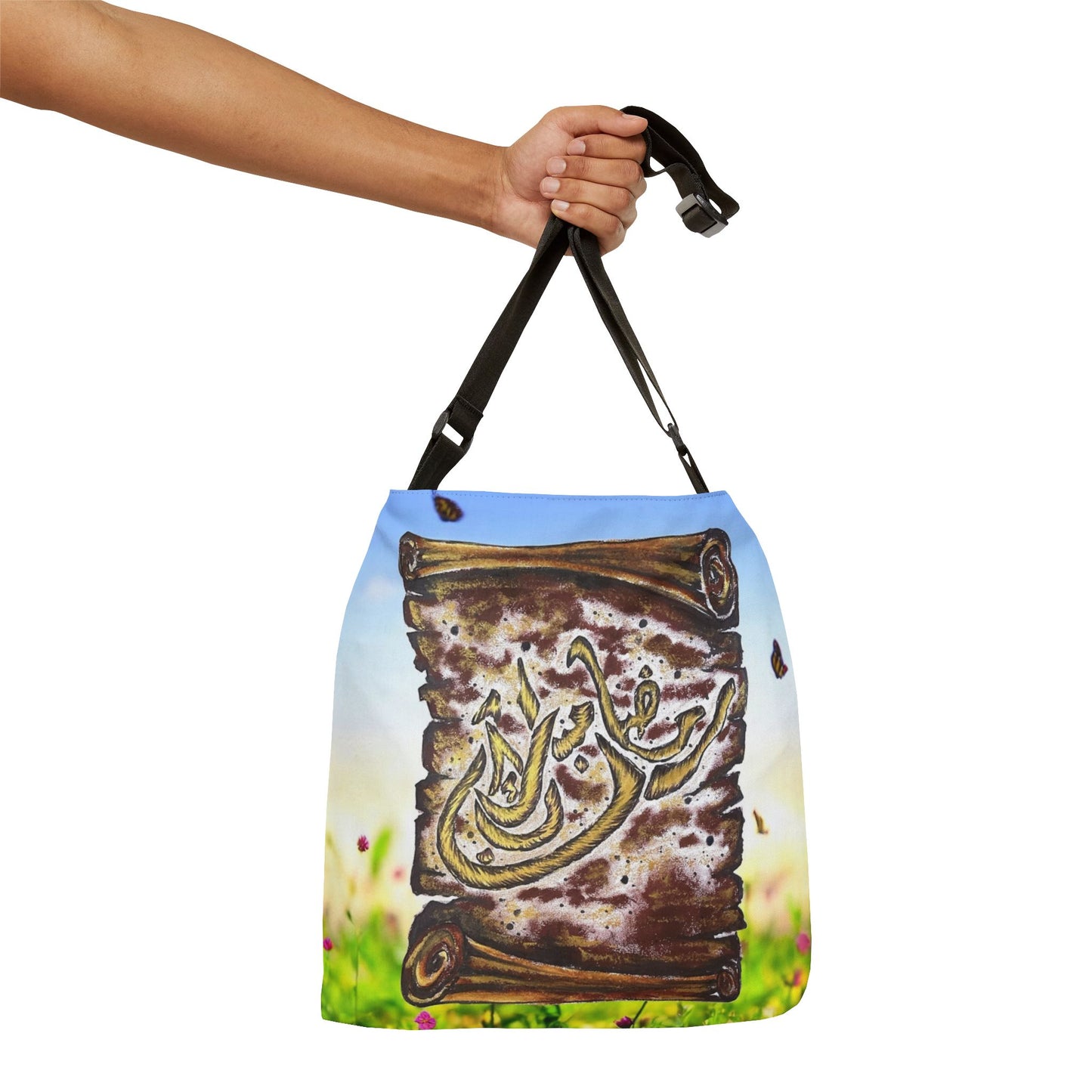 Arabic Calligraphy Scroll Tote Bag — Adjustable Shoulder Tote with Floral Meadow Design