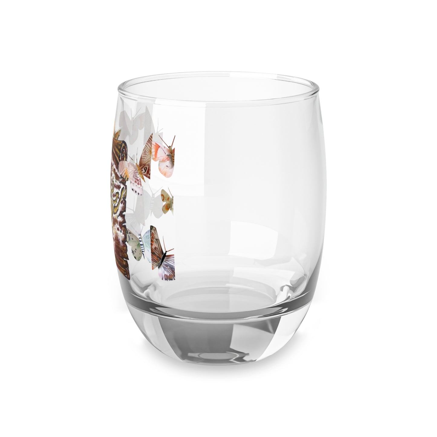 Butterfly Scroll Whiskey Glass — Vintage Calligraphy Design