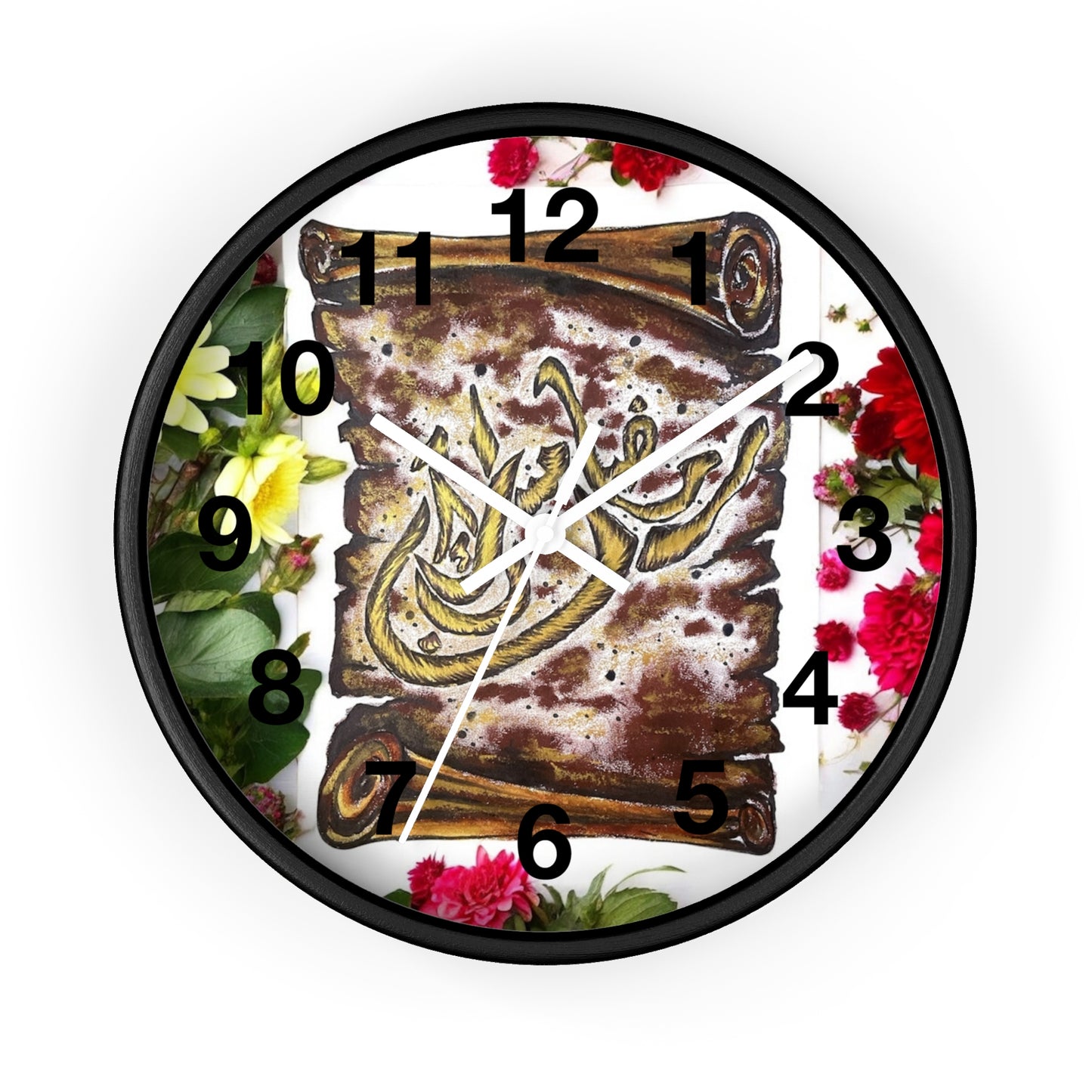 Arabic Calligraphy Floral Wall Clock — Islamic Decorative Timepiece