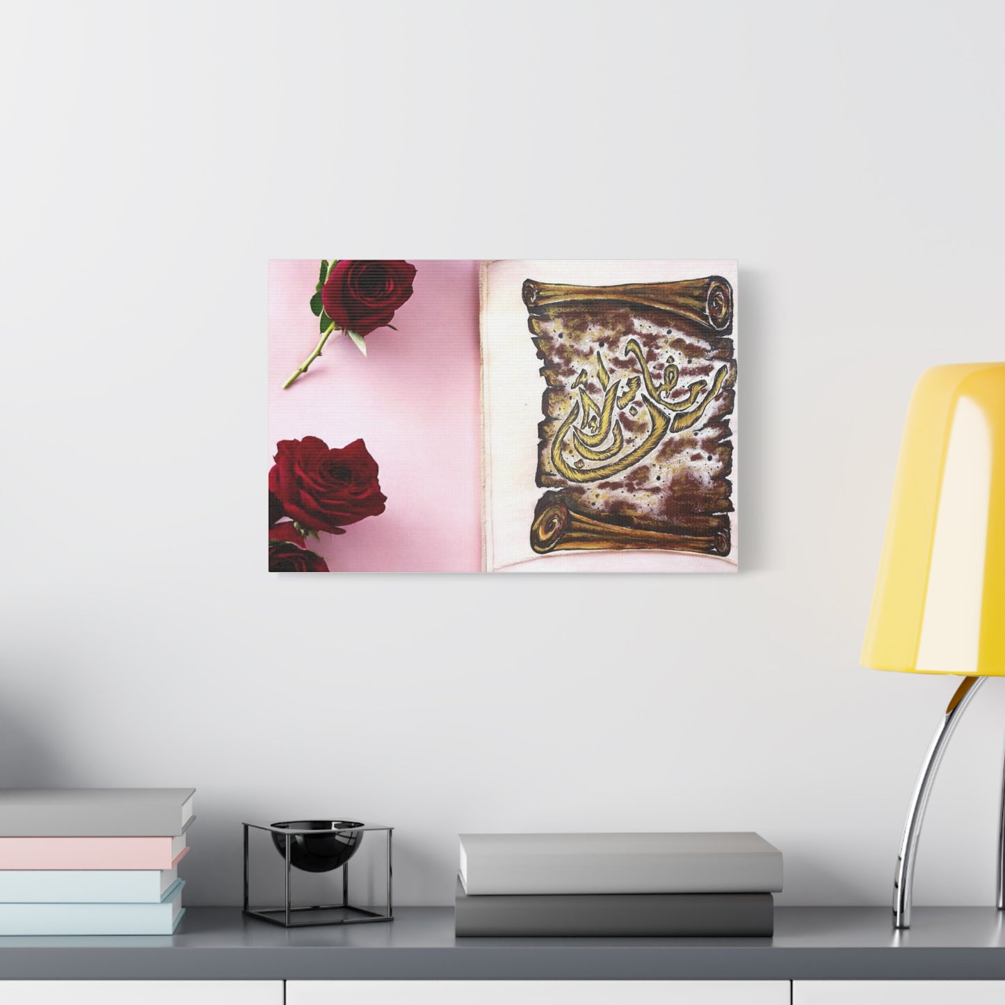 Arabic Calligraphy Canvas Wall Art — 'Bismillah' Scroll with Red Roses, Matte Stretched Canvas