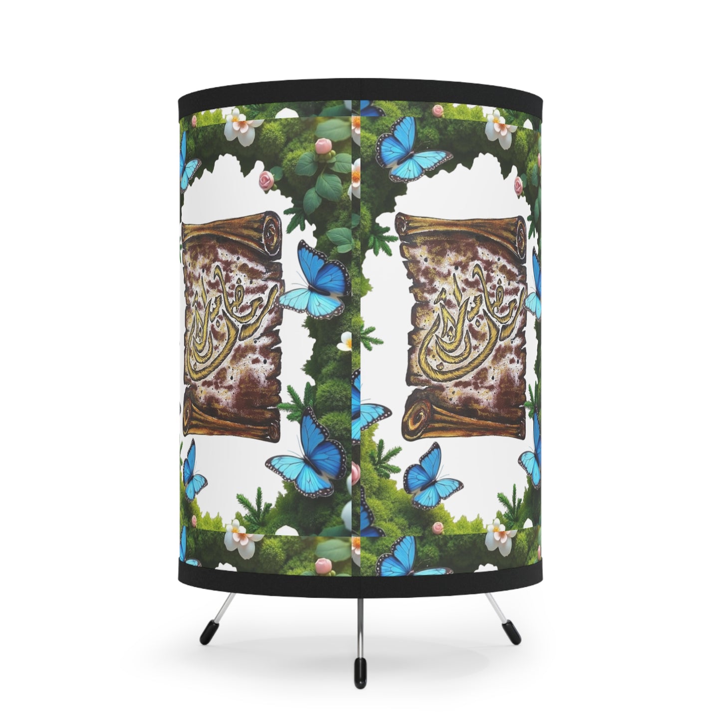 Butterfly Garden Tripod Lamp — Printed Shade with Decorative Script Panel