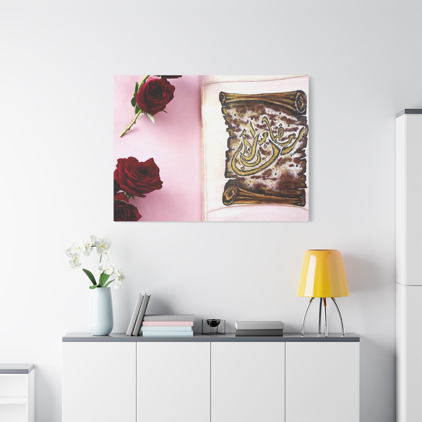Arabic Calligraphy Canvas Wall Art — 'Bismillah' Scroll with Red Roses, Matte Stretched Canvas