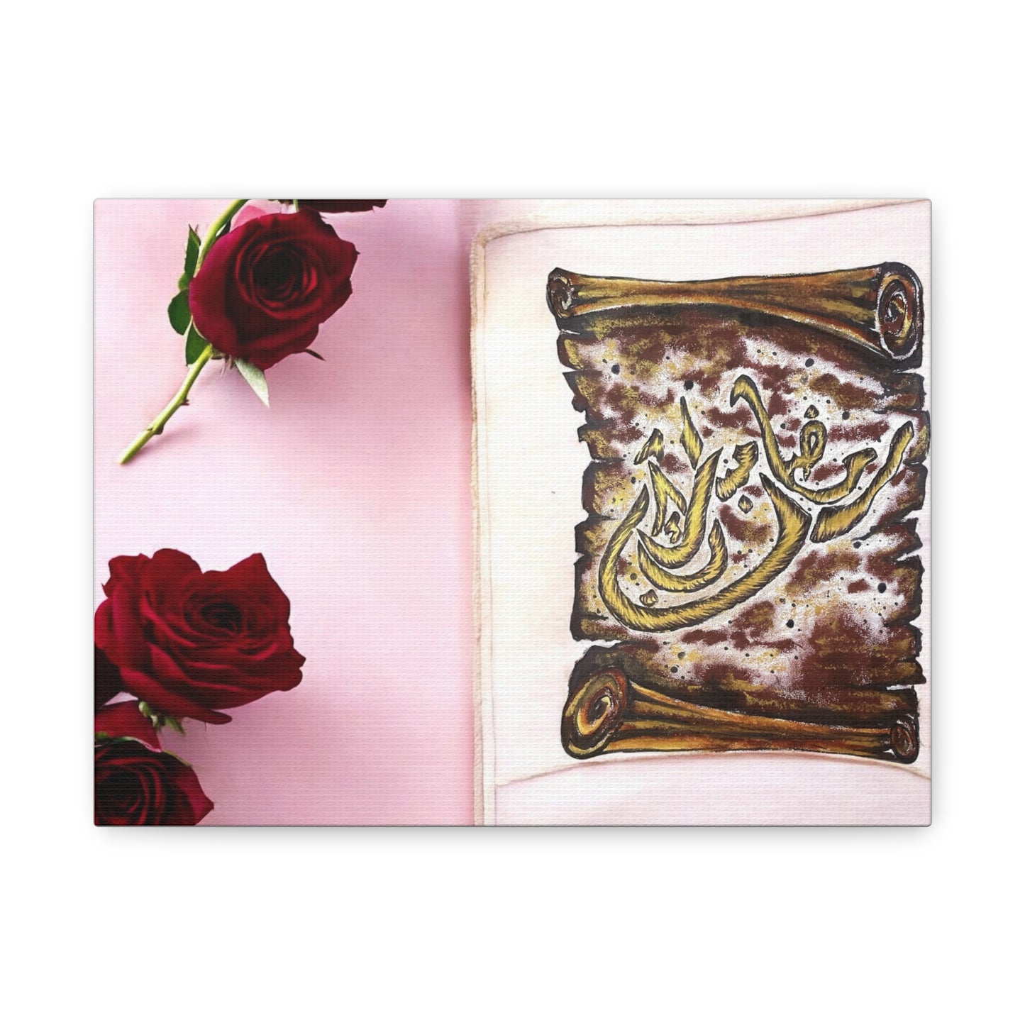Arabic Calligraphy Canvas Wall Art — 'Bismillah' Scroll with Red Roses, Matte Stretched Canvas