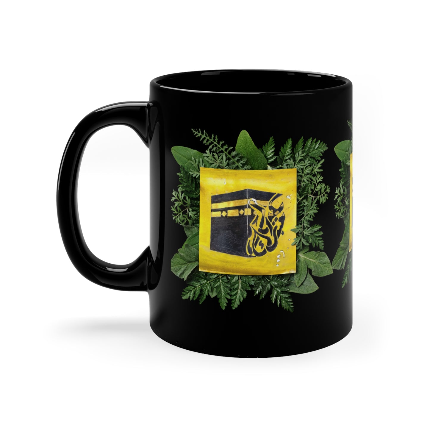 Kaaba Floral Black Coffee Mug — Islamic Holy Kaaba Design (11oz)