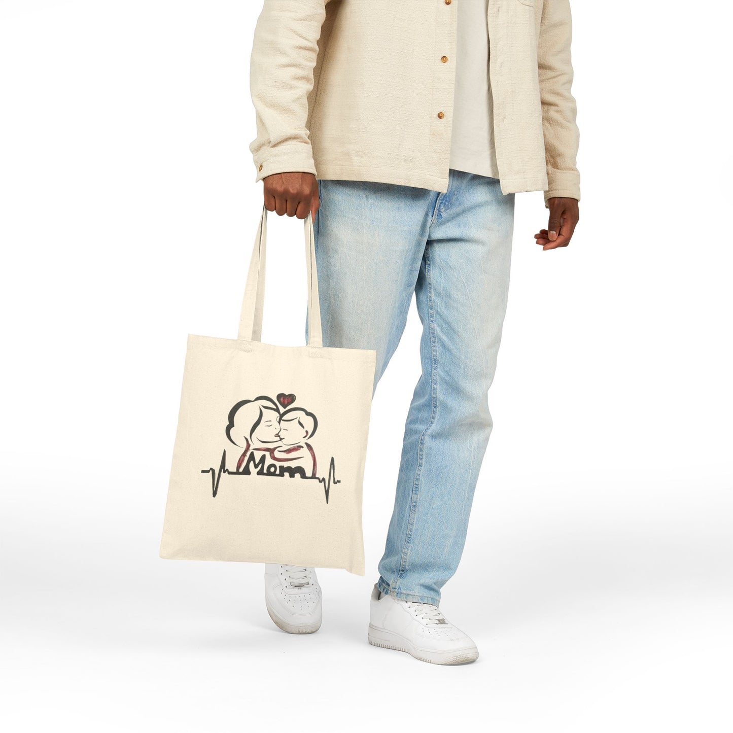 Mom Heartbeat Cotton Canvas Tote Bag, Gift for Mom, Mother's Day Tote, Family Love Bag, Grocery Eco Tote, Reusable Shopping Bag