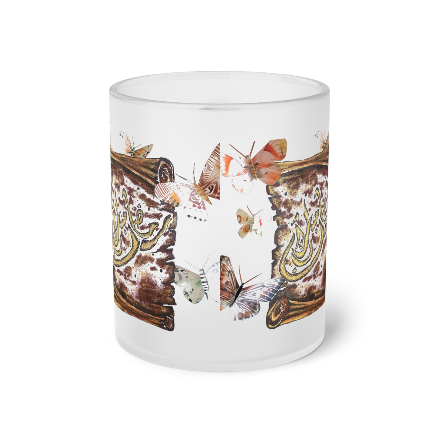 Frosted Glass Mug — Boho Butterfly & Floral Script Art