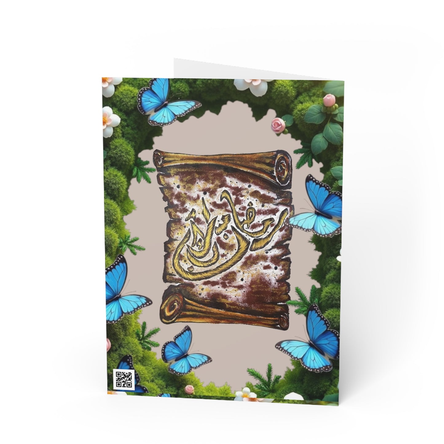 Greeting Card — Arabic Calligraphy Scroll with Blue Butterflies (Blank Inside)