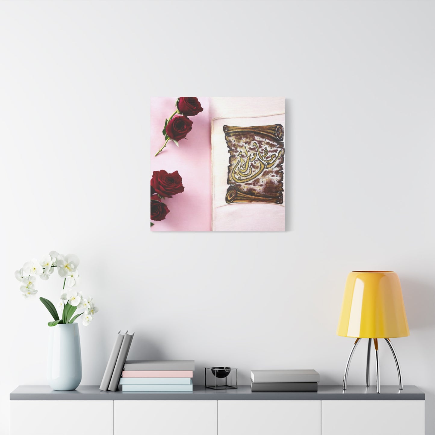 Arabic Calligraphy Canvas Wall Art — 'Bismillah' Scroll with Red Roses, Matte Stretched Canvas