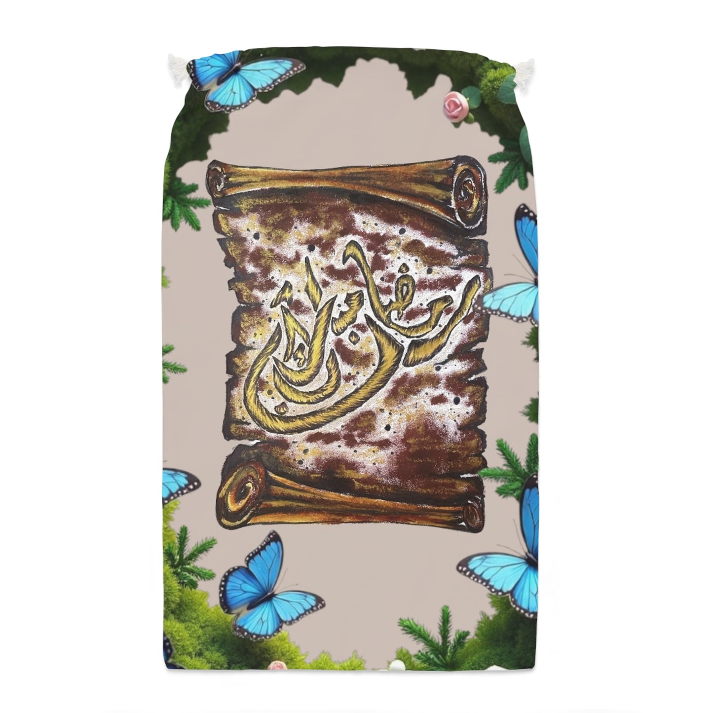 Arabic Calligraphy Drawstring Sack with Blue Butterfly Scroll Design