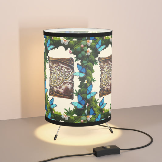Butterfly Garden Tripod Lamp — Printed Shade with Decorative Script Panel