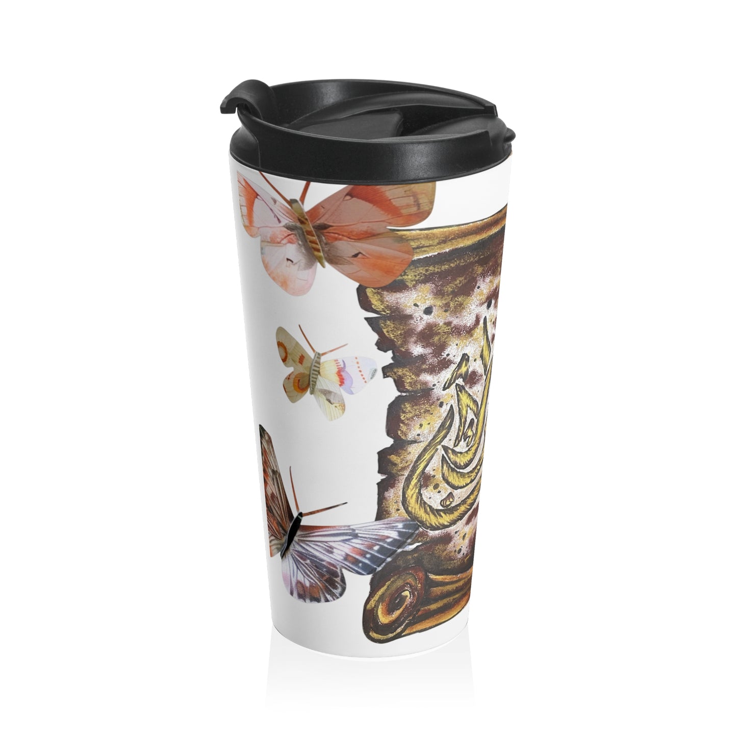 Arabic Calligraphy Travel Mug with Watercolor Butterflies — Stainless Steel Insulated Tumbler