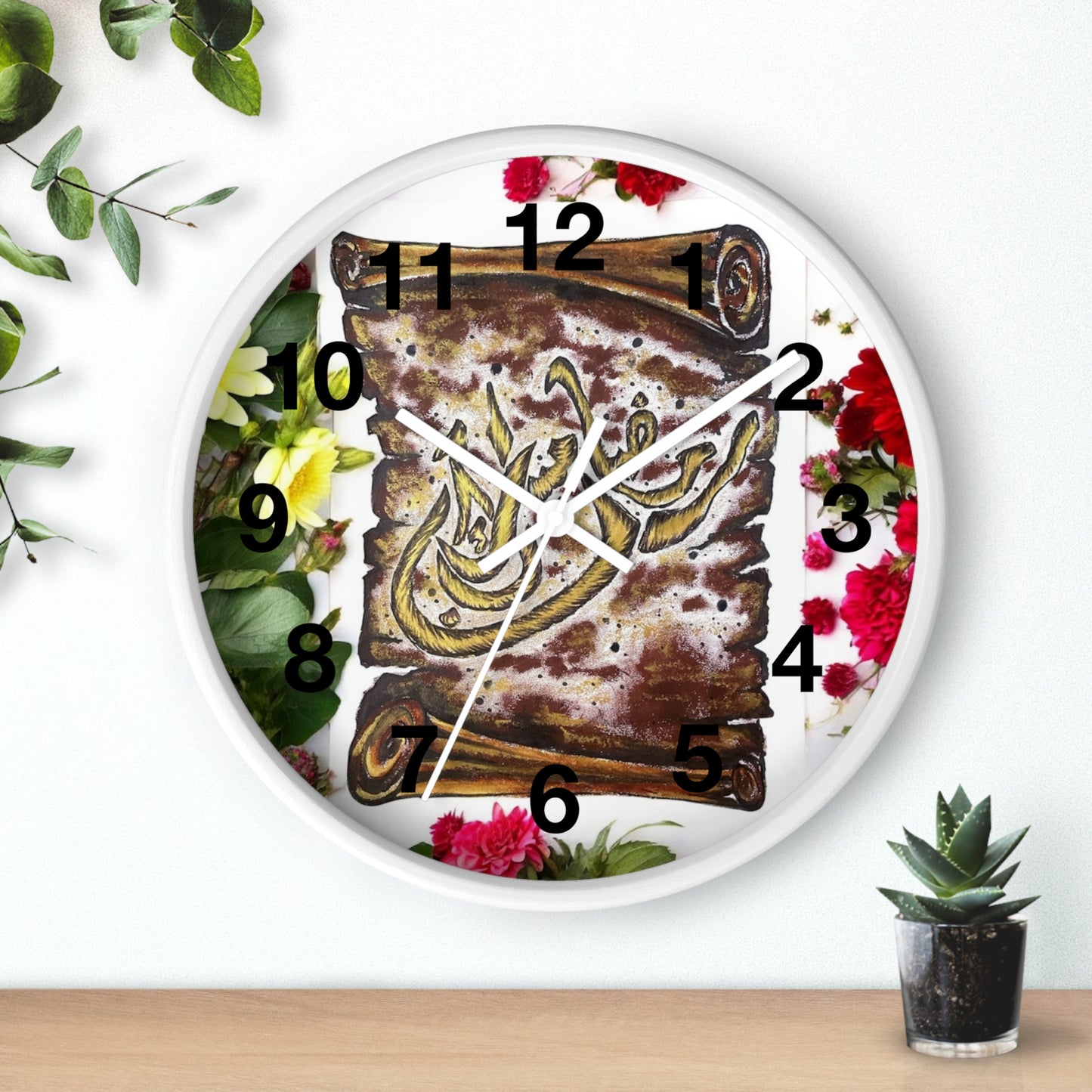 Arabic Calligraphy Floral Wall Clock — Islamic Decorative Timepiece
