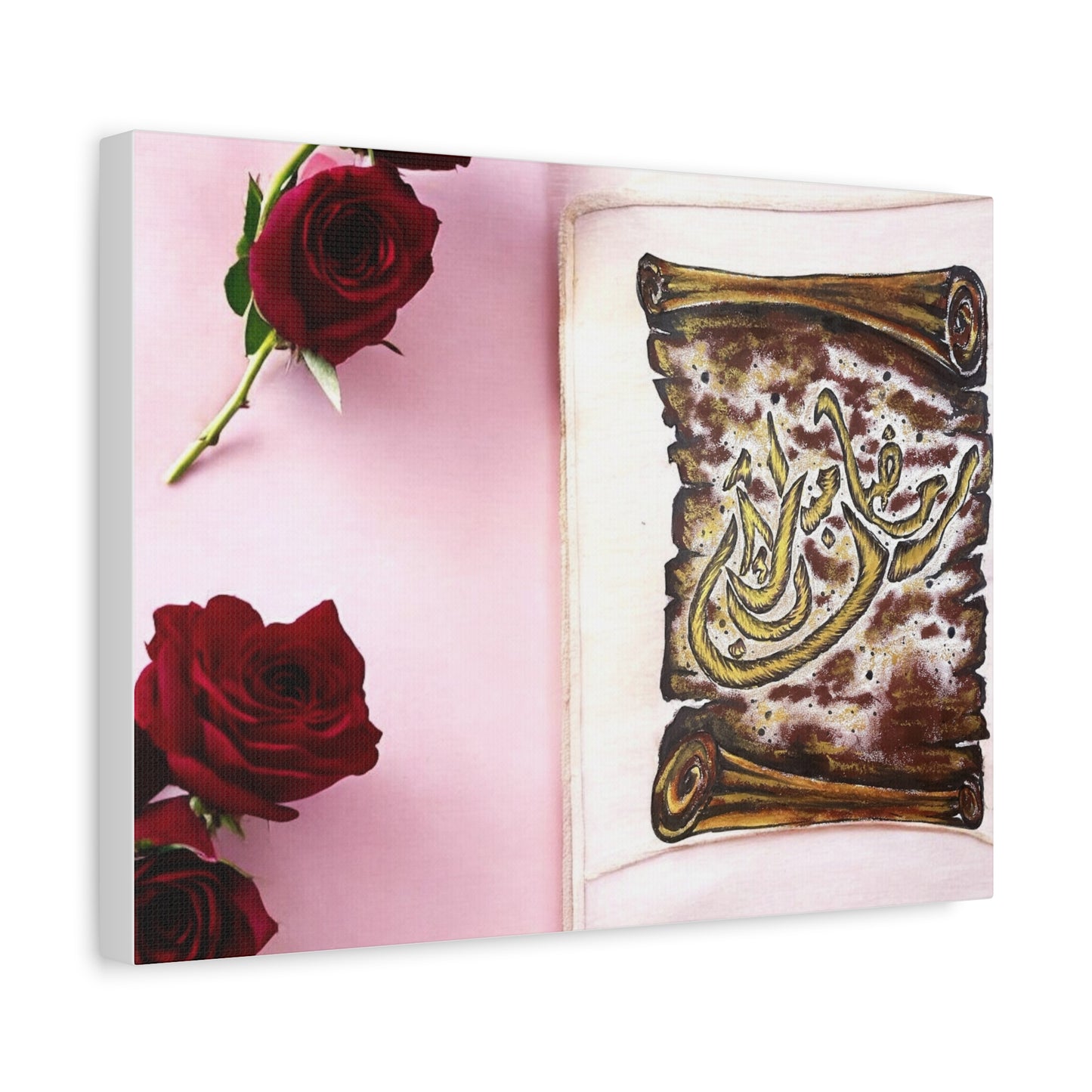 Arabic Calligraphy Canvas Wall Art — 'Bismillah' Scroll with Red Roses, Matte Stretched Canvas