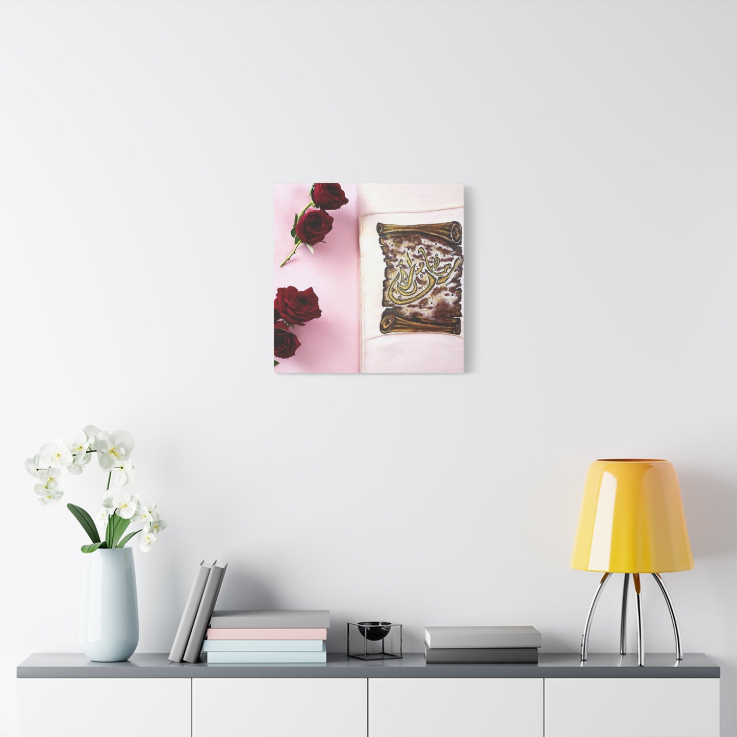 Arabic Calligraphy Canvas Wall Art — 'Bismillah' Scroll with Red Roses, Matte Stretched Canvas