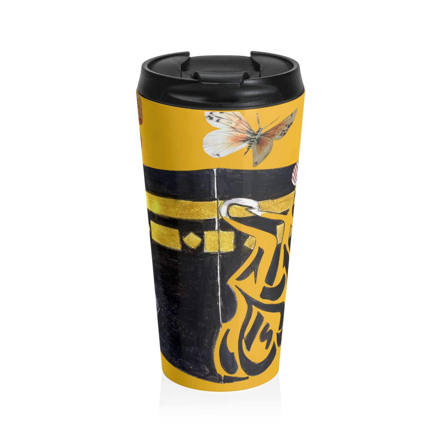 Butterfly Calligraphy Travel Mug — Yellow Stainless Steel Tumbler