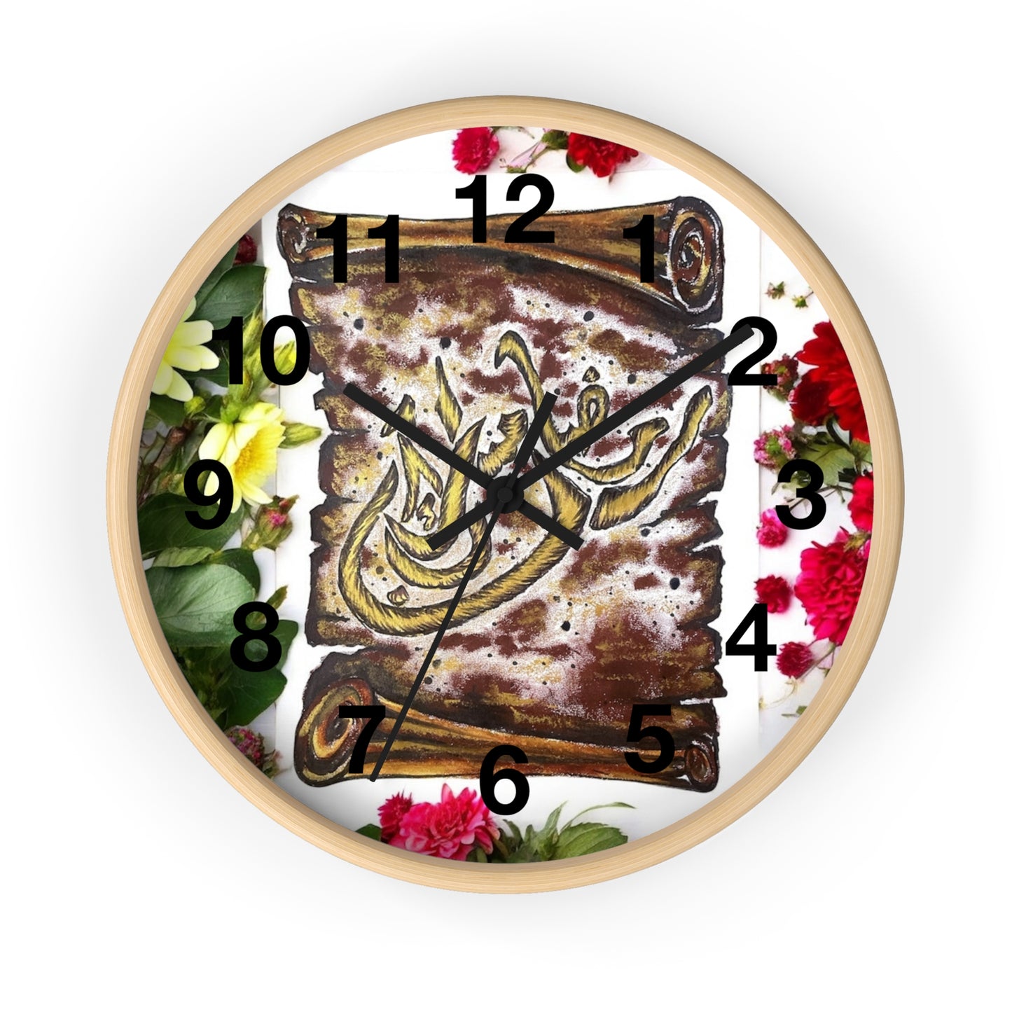 Arabic Calligraphy Floral Wall Clock — Islamic Decorative Timepiece