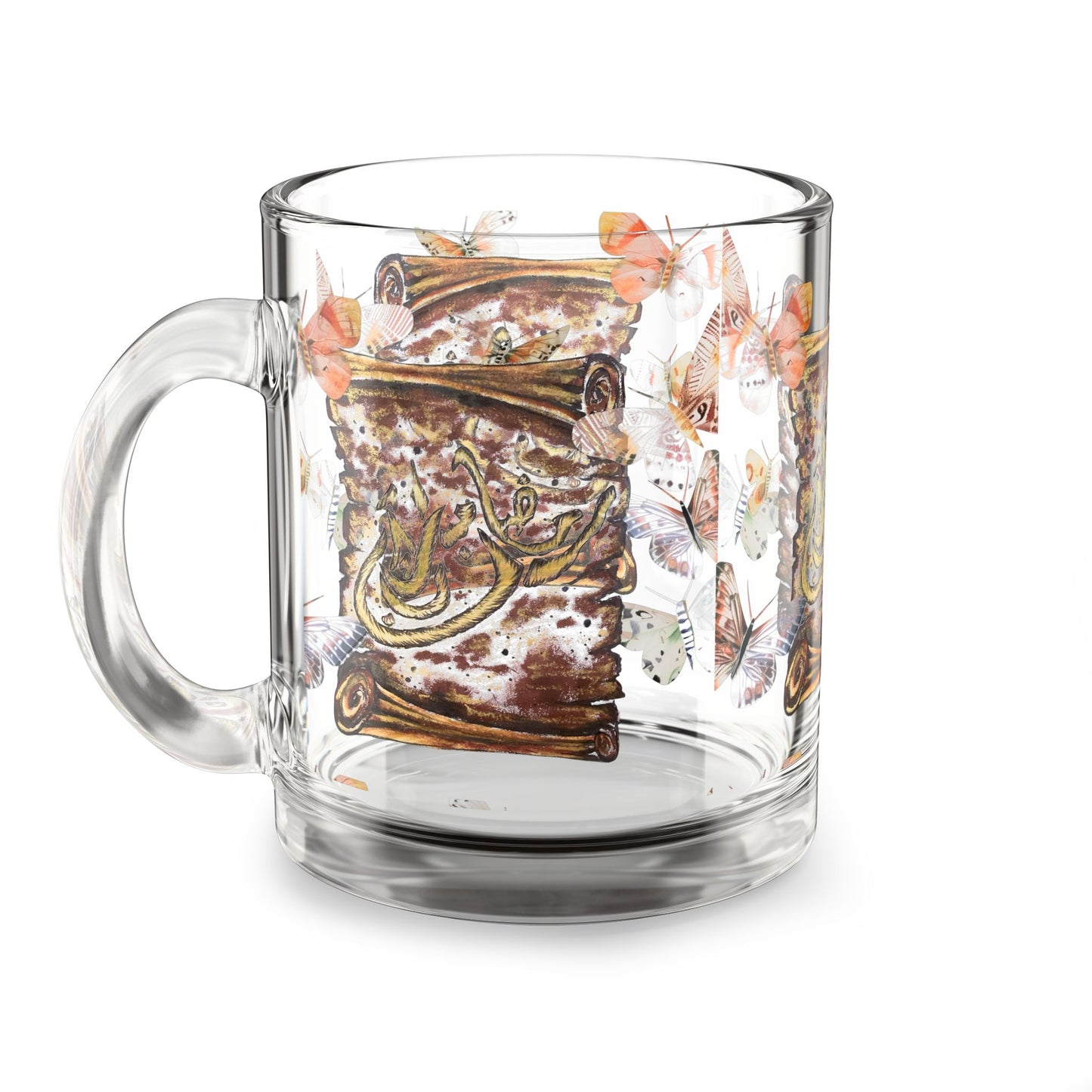 10oz Glass Mug — Floral Arabic Calligraphy Design (Decorative Tea & Coffee Cup)