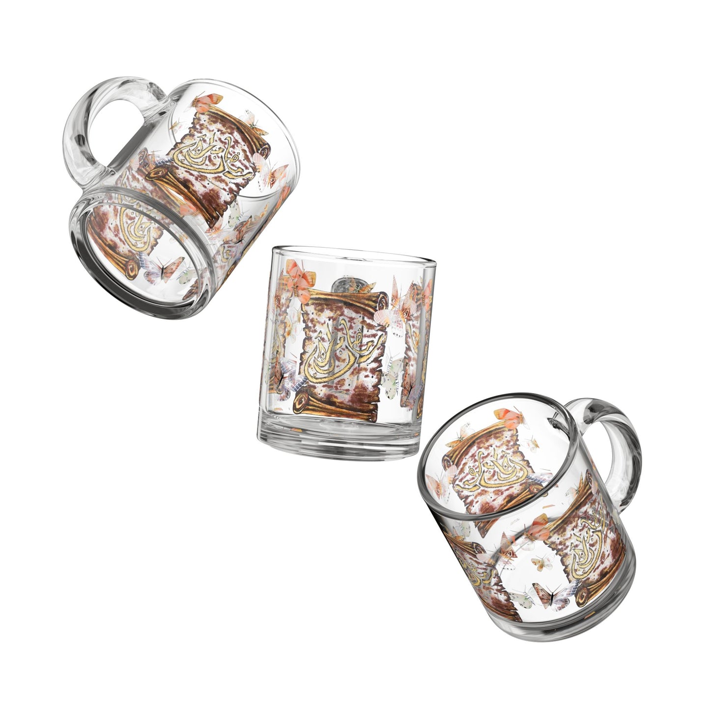 10oz Glass Mug — Floral Arabic Calligraphy Design (Decorative Tea & Coffee Cup)