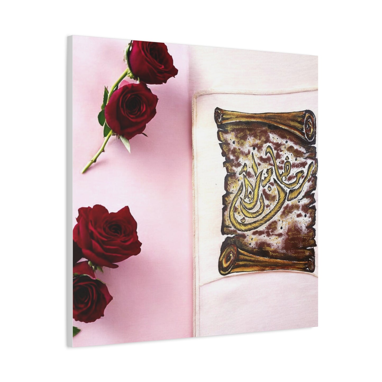 Arabic Calligraphy Canvas Wall Art — 'Bismillah' Scroll with Red Roses, Matte Stretched Canvas