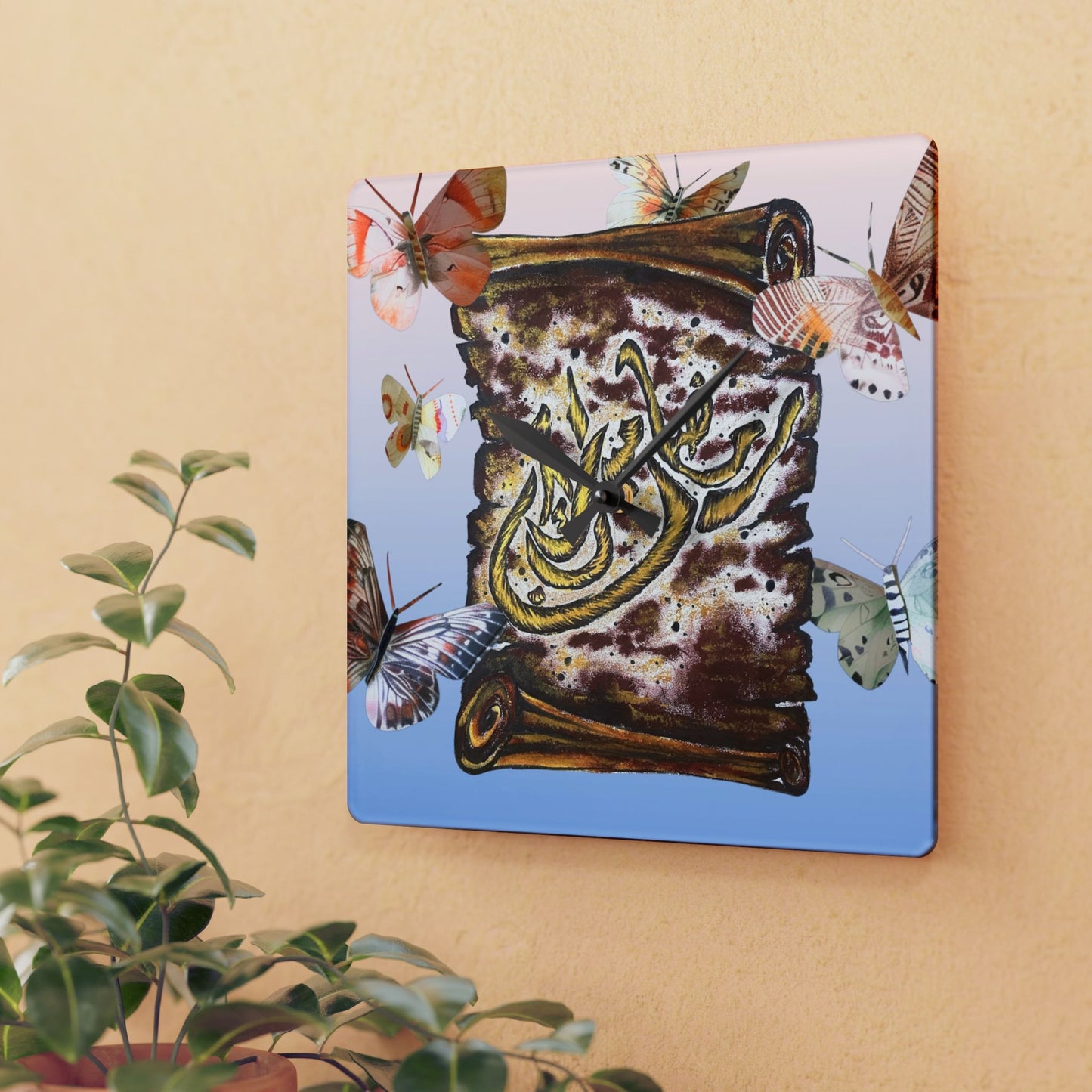Acrylic Wall Clock — Butterfly Scroll Calligraphy Design