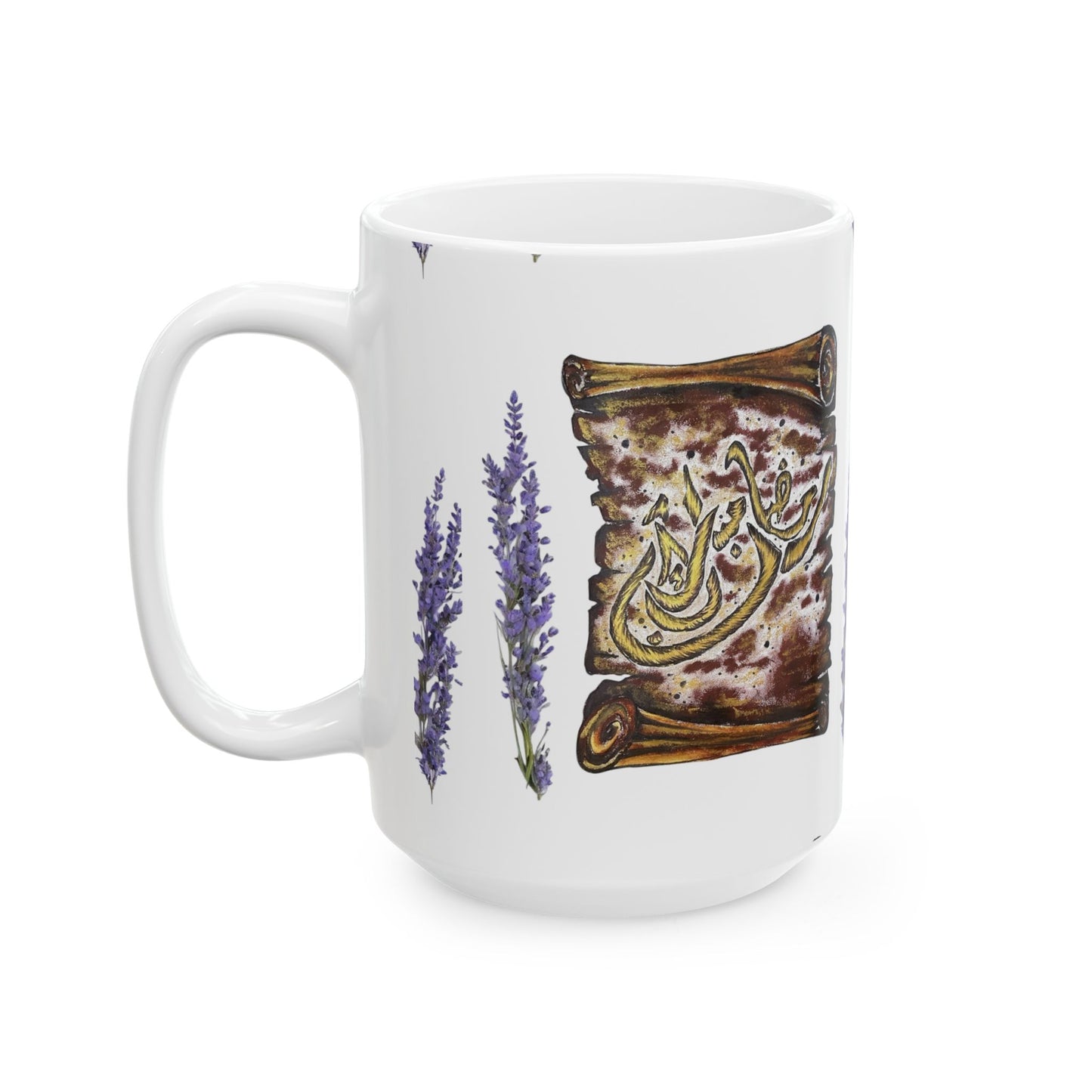 Lavender & Scroll Ceramic Mug – Botanical Tea Coffee Cup (11oz, 15oz)