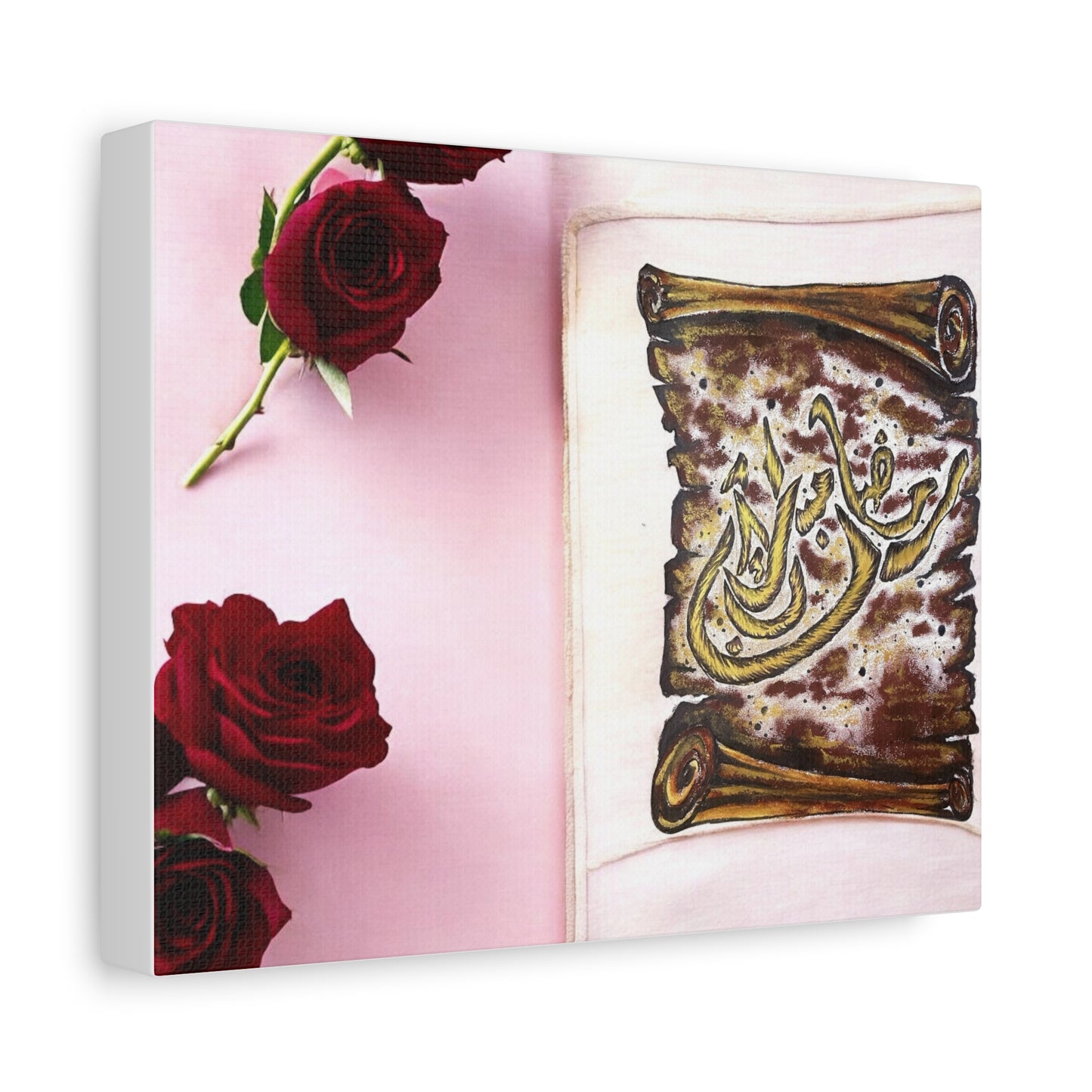 Arabic Calligraphy Canvas Wall Art — 'Bismillah' Scroll with Red Roses, Matte Stretched Canvas