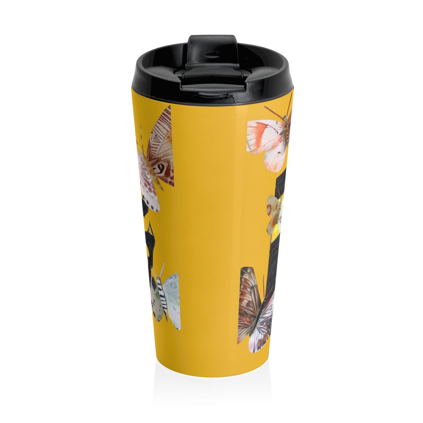 Butterfly Calligraphy Travel Mug — Yellow Stainless Steel Tumbler