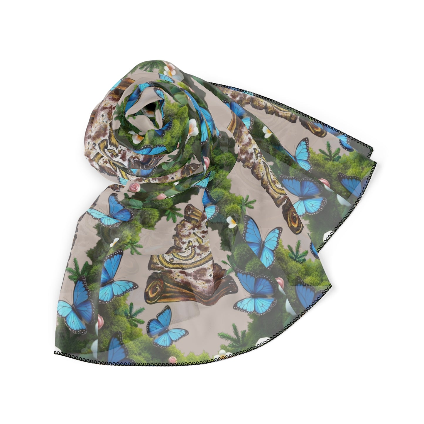 Silk-Feel Butterfly & Buddha Pattern Scarf – Botanical Boho Square Scarf
