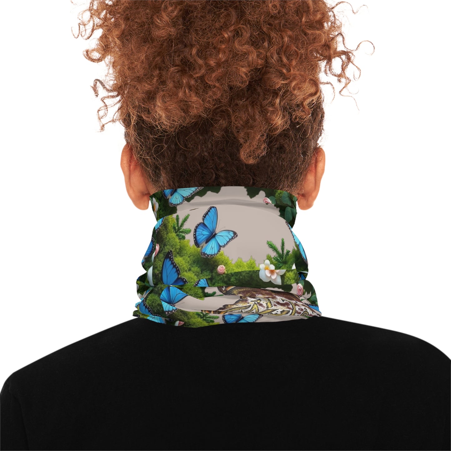 Neck Gaiter — Arabic Calligraphy Scroll with Blue Butterflies Floral Border