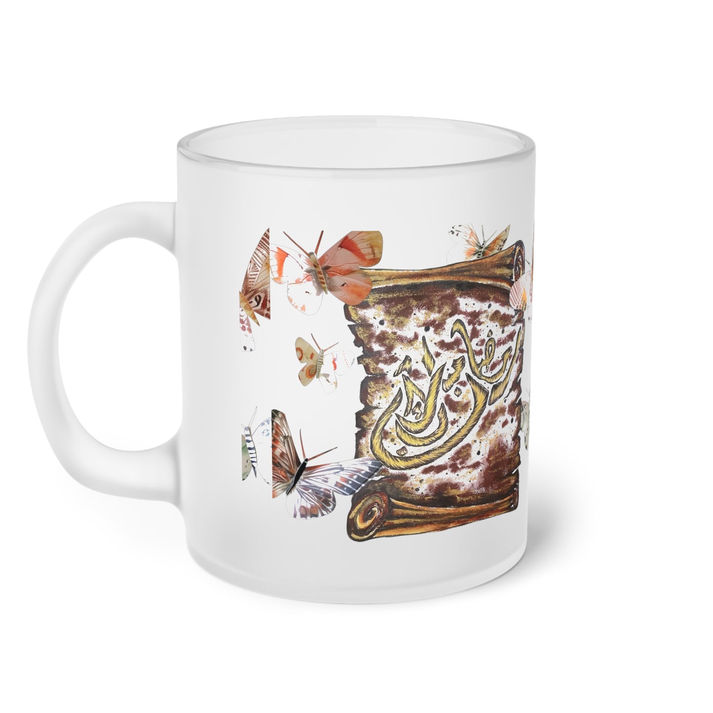 Frosted Glass Mug — Boho Butterfly & Floral Script Art