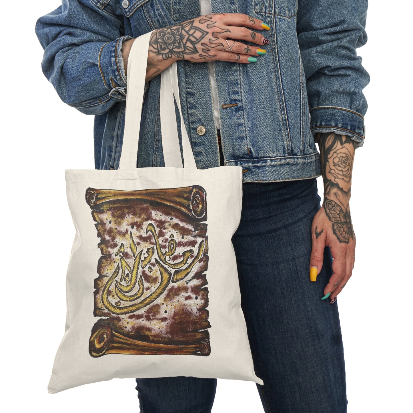 Natural Tote Bag with Arabic Calligraphy Scroll Design — Rustic Vintage-style Canvas Tote