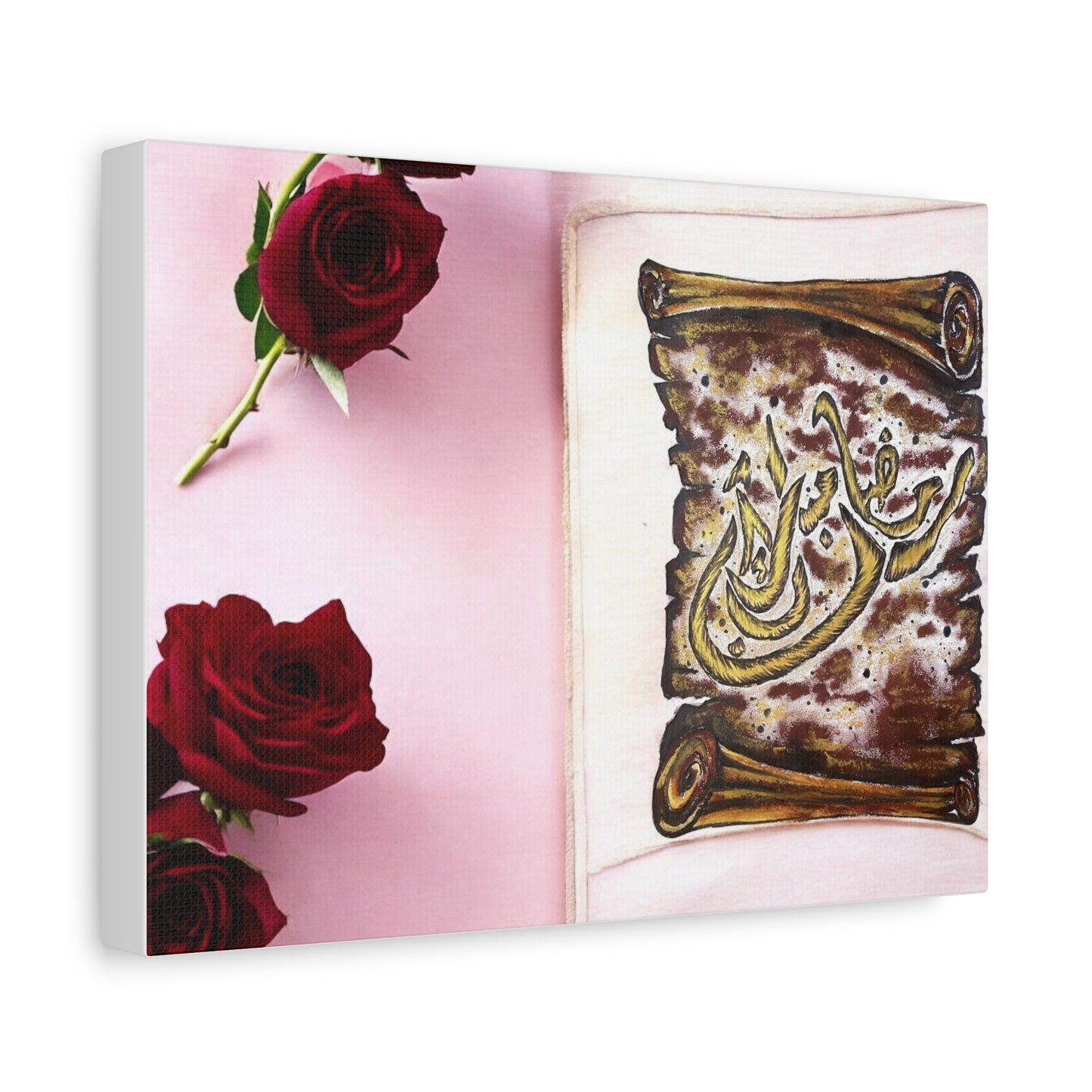 Arabic Calligraphy Canvas Wall Art — 'Bismillah' Scroll with Red Roses, Matte Stretched Canvas