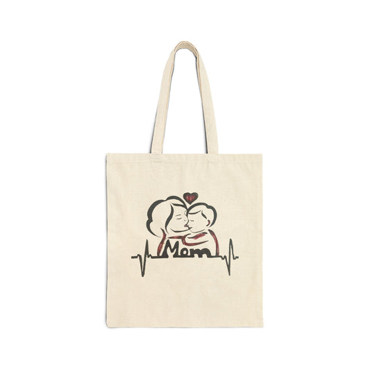 Mom Heartbeat Cotton Canvas Tote Bag, Gift for Mom, Mother's Day Tote, Family Love Bag, Grocery Eco Tote, Reusable Shopping Bag