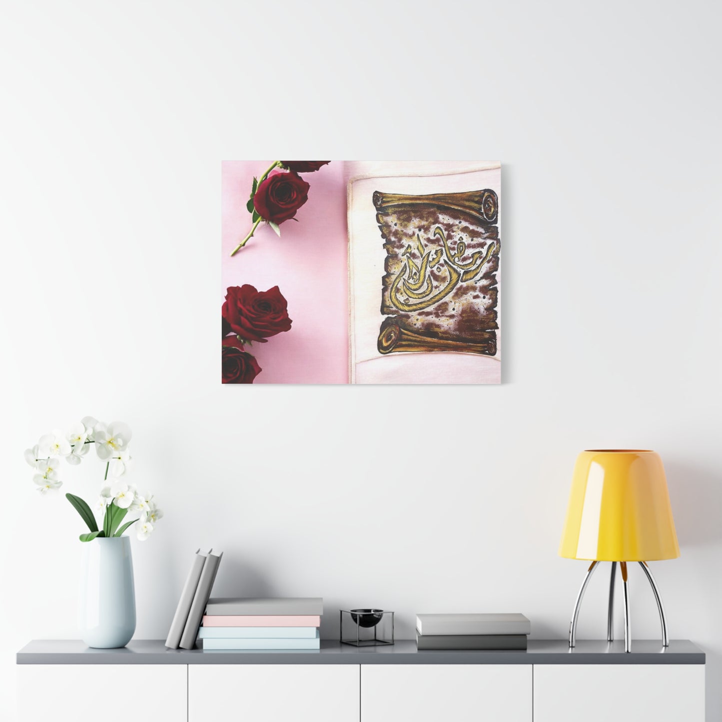 Arabic Calligraphy Canvas Wall Art — 'Bismillah' Scroll with Red Roses, Matte Stretched Canvas