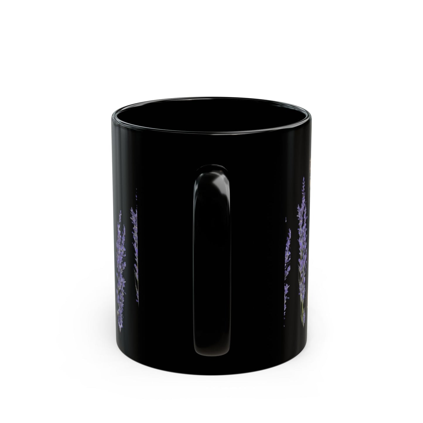 Black Ceramic Mug — Vintage Scroll & Lavender Arabic Calligraphy Design (11oz/15oz)