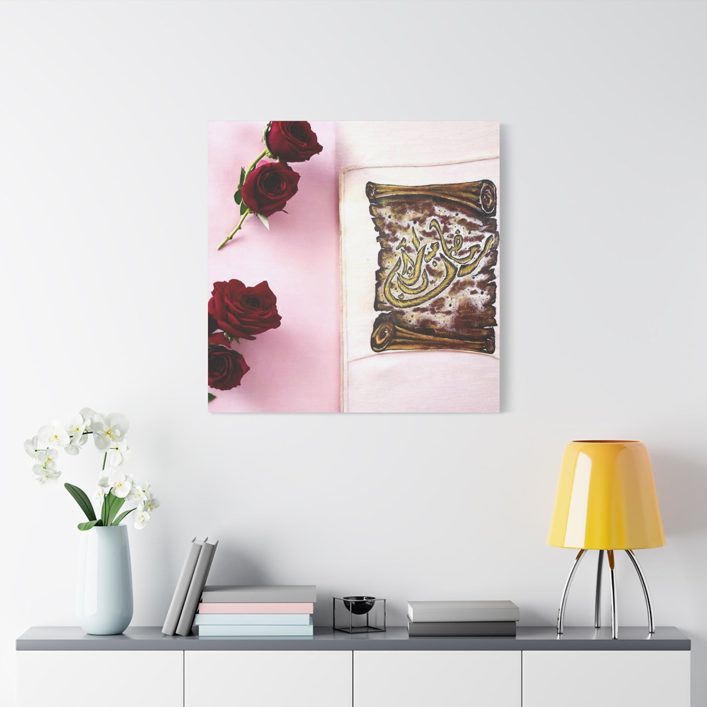 Arabic Calligraphy Canvas Wall Art — 'Bismillah' Scroll with Red Roses, Matte Stretched Canvas