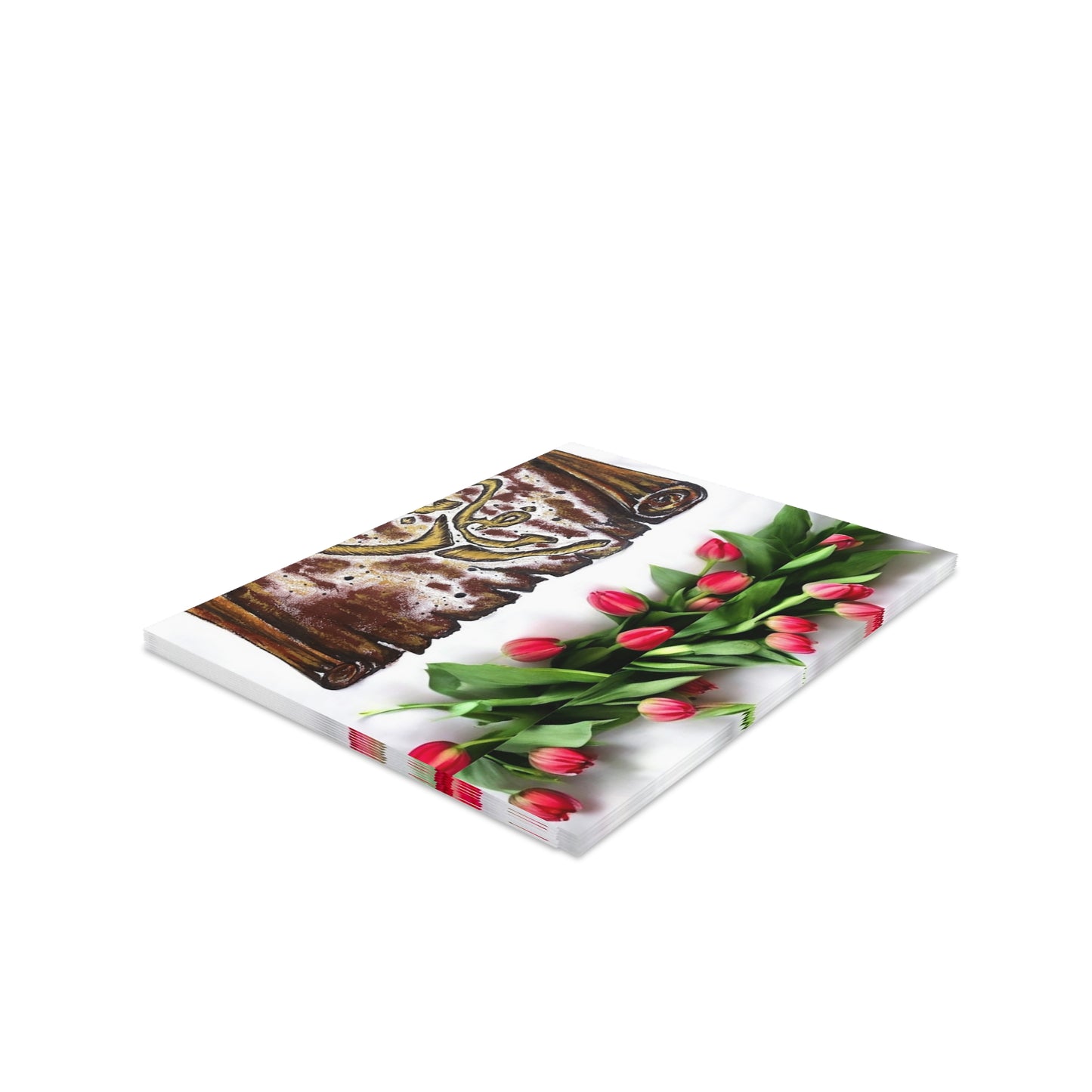 Floral Tulip & Scroll Arabic Calligraphy Greeting Cards — Pack of 8/16/24